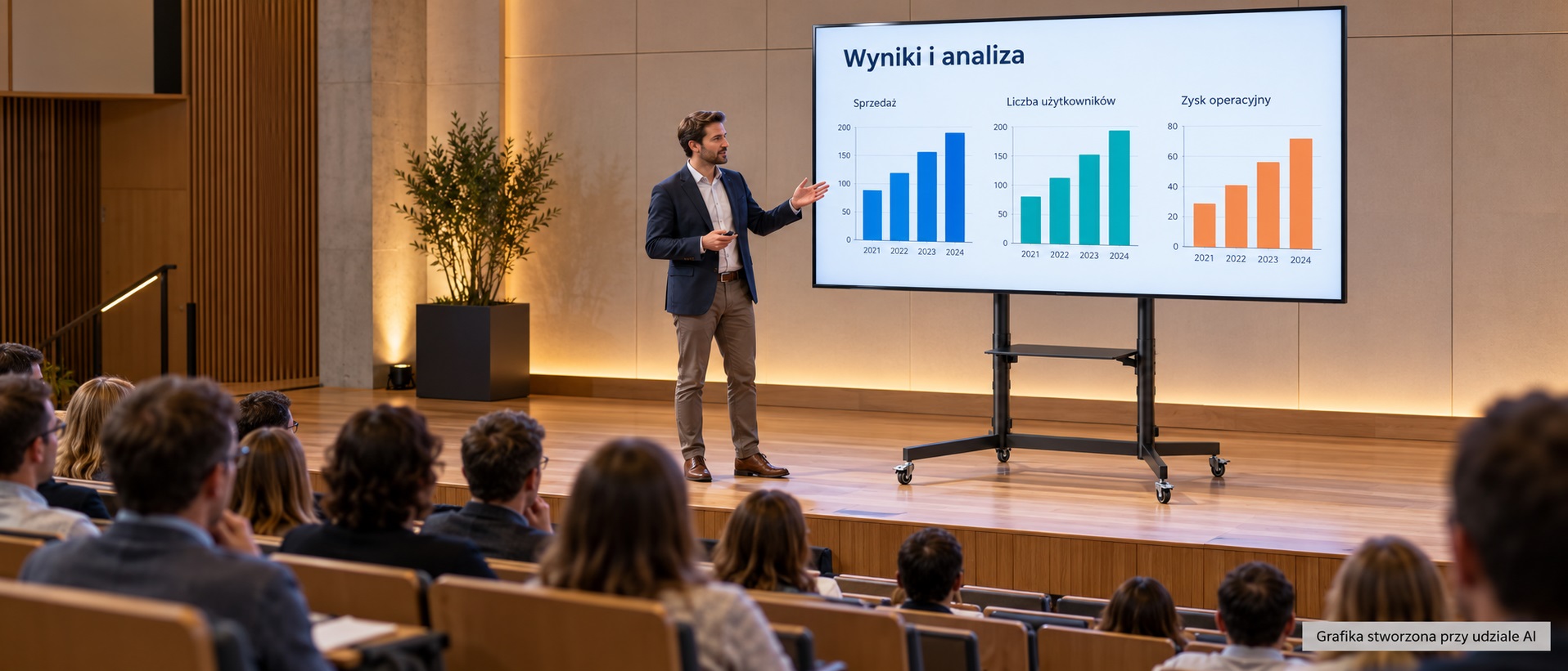 Nowoczesna sala konferencyjna z dużym ekranem TV na stojaku mobilnym